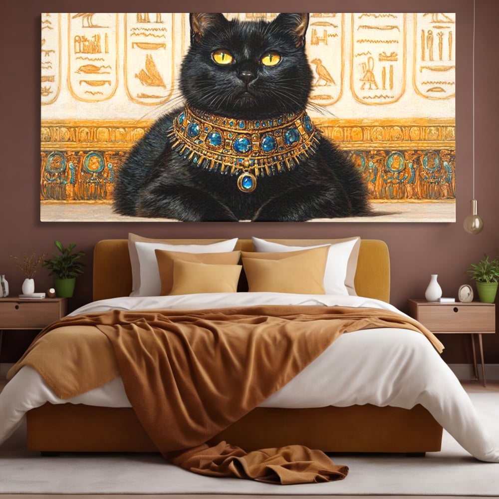 Tablou canvas cu tablou canvas cu pisica neagra egipteana, fara rama, pe sasiu de lemn, pe perete intr-un dormitor